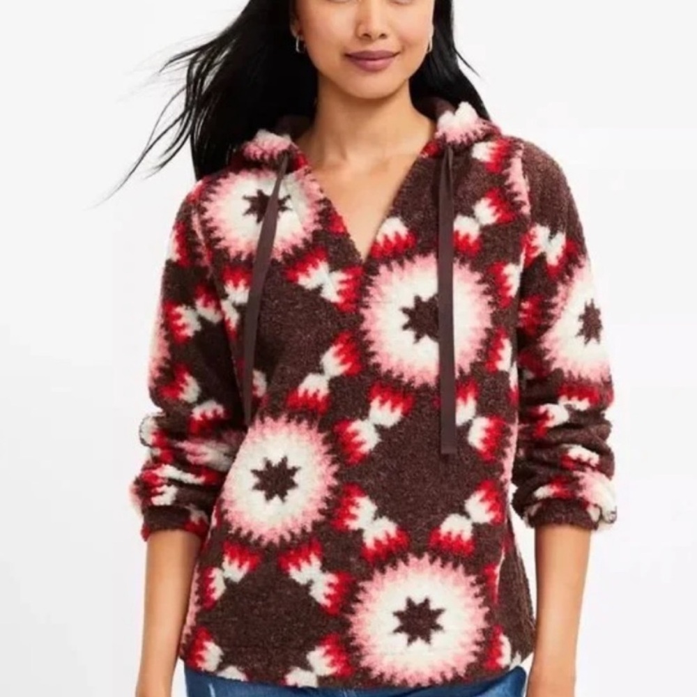 NWT LOFT Brown Sherpa Sunburst Hoodie Sweatshirt Chocolate Teddy Fleece Quilt